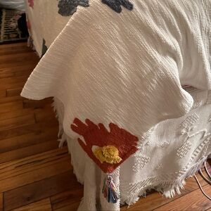 Anthropology White Throw Blanket with Colorful Tassels and PomPoms